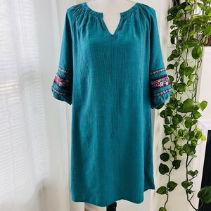 Pioneer Woman Teal Blue Embroidered Western Puff Sleeve Comfy Dress - Size Large